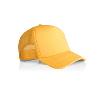 A yellow trucker cap featuring a solid front panel and mesh back, with an adjustable snap closure.