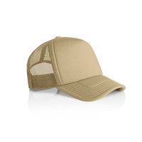 A beige trucker cap featuring a solid front and mesh back, with a curved brim and an adjustable strap.