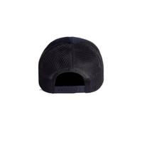 A black trucker cap featuring a mesh back and an adjustable strap. It includes a logo on the back.