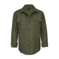 An olive green unisex shirt with a button-up front and two chest pockets. Features long sleeves and a collar.