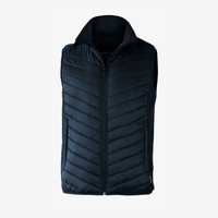 A dark blue, quilted men's vest with a high collar and front zipper, featuring a logo on the side.