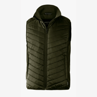 A green vest with a quilted design and a hood, featuring a zip closure and a logo.