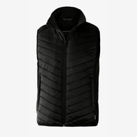 A black quilted vest with a hood, made from recycled nylon and softshell fabric, featuring a front zip.