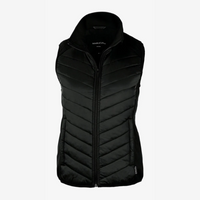 A black women's vest with a zip front and quilted design, featuring a logo on the side.