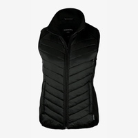 A black women's vest featuring a quilted design, high collar, and a zip front. It includes a logo on the fabric.