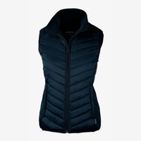A navy women's vest featuring a quilted design, high collar, and a zip front. It includes a logo on the fabric.