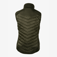 A dark olive green vest featuring a quilted chevron design and a high collar. It has a logo on the chest.