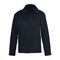 A navy unisex shirt jacket featuring front pockets and a button closure, with a branding logo present.