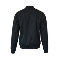 A dark blue men's jacket with a zip-up front and ribbed cuffs, featuring a logo on the back.