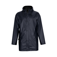 A navy unisex jacket with a hood, featuring a front closure and side pockets, includes branding on the fabric.