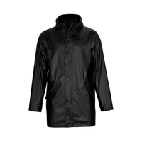 A black unisex jacket with a hood, featuring a front closure and side pockets, includes branding on the fabric.