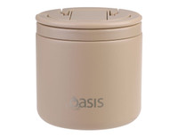 A drink bottle in beige with a secure lid and a logo, designed for vacuum food storage.