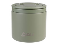 A drink bottle and food flask in olive green with a matching spork; features a lid and a logo.