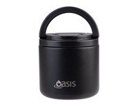 A black vacuum food flask with a handle and spork, featuring a logo on the front.