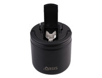A black vacuum food flask with a spork attached to the lid and a logo on the front.