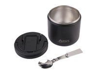 A vacuum food flask in matte black with a stainless steel interior and a metal spork included. It features a branding logo.