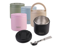 A drink bottle collection featuring various colours, including pink, black, green, blue, and beige, with a spork included.
