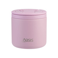 A drink bottle in pastel pink, featuring a vacuum insulation design and a spork, with a logo on the side.