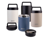 A range of Oasis vacuum food flasks in cream, black, beige, and navy, featuring handles and spoons.