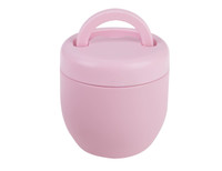 A pink vacuum food pod with a round shape and a handle on top. It features a smooth, matte finish and has a logo.