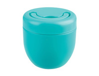 A drink bottle featuring a turquoise design with a rounded shape and a lid, complete with a logo.