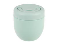 A drink bottle in soft mint green with a lid and a sleek, rounded design. It features a branding logo.