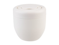 A drink bottle in a sleek, off-white design with a spill-proof lid and a smooth finish. It features a logo.