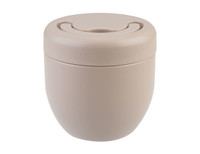 A vacuum food pod in a soft beige colour with a smooth, rounded design and a lid featuring a circular opening.