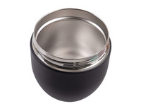 A vacuum food pod with a sleek black exterior and shiny stainless steel interior. It features a branding logo.