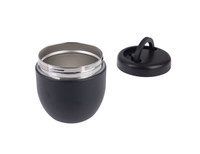 A vacuum food pod in matte black with a silver interior and a removable lid. Features a handle on the lid.