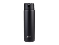 A drink bottle in matte black, featuring a lid and a logo, designed for vacuum insulation.