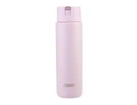 A drink bottle in a soft pink colour with a sleek design and a logo on the front.