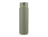 A drink bottle in muted green with a sleek design and a logo near the base. It features a secure opening mechanism.