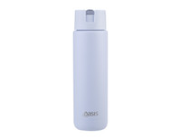 A drink bottle in light blue with a sleek design and a logo. It features a screw-on lid for easy access.