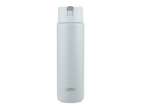 A drink bottle in soft grey with a sleek design and a logo, featuring a screw-top lid.