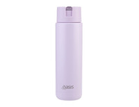 A drink bottle in pale lilac with a sleek design, featuring a logo and a flip-top lid.