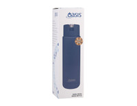 A drink bottle in navy blue with a push-button lid and triple wall insulation, featuring a branding logo.