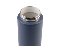 A drink bottle with a sleek navy exterior and a silver-coloured rim at the opening, featuring a logo.