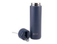 A drink bottle in navy blue with a silver lid and a detachable clear straw. Features a logo on the side.