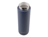 A drink bottle in navy blue with a stainless steel opening and an embossed logo.