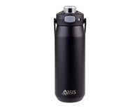 A drink bottle in matte black, featuring a vacuum quick release lid and a logo.
