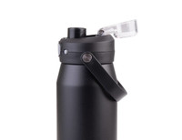 A drink bottle in matte black with a quick release lid and a handle for easy carrying. Includes a visible brand logo.