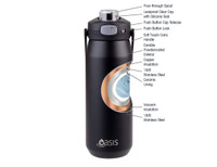 A drink bottle features a black exterior, vacuum insulation, a silicone seal, and a push button cap release.