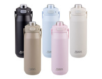 A drink bottle in black, beige, light blue, pink, and white, featuring a vacuum quick release lid and a logo.