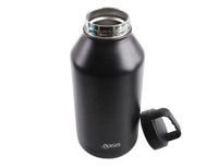 A drink bottle in matte black with a stainless steel opening and a removable lid, featuring a logo.