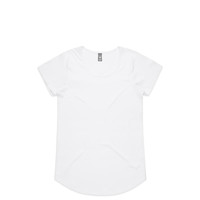 A white T-shirt with a rounded neckline and short sleeves, featuring a simple design and a tag.