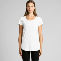 A white T-shirt with short sleeves and a rounded neckline, featuring a logo on the front.
