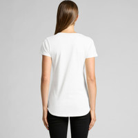 A white t-shirt with short sleeves and a curved hem, featuring a logo on the back.