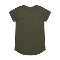 An olive green T-shirt with short sleeves and a rounded hem, featuring a logo on the back.