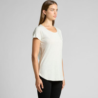 A light-coloured T-shirt with a scoop neck and short sleeves, displayed on a model from the side.